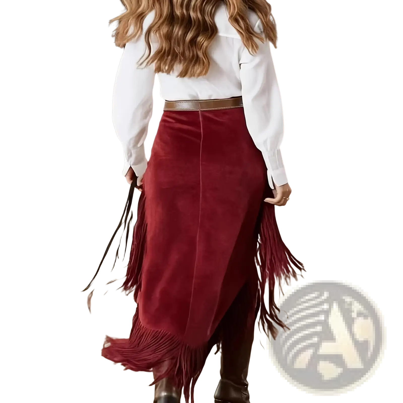 Burgundy velvet midi skirt with long flowing fringe detailing along the asymmetrical hem