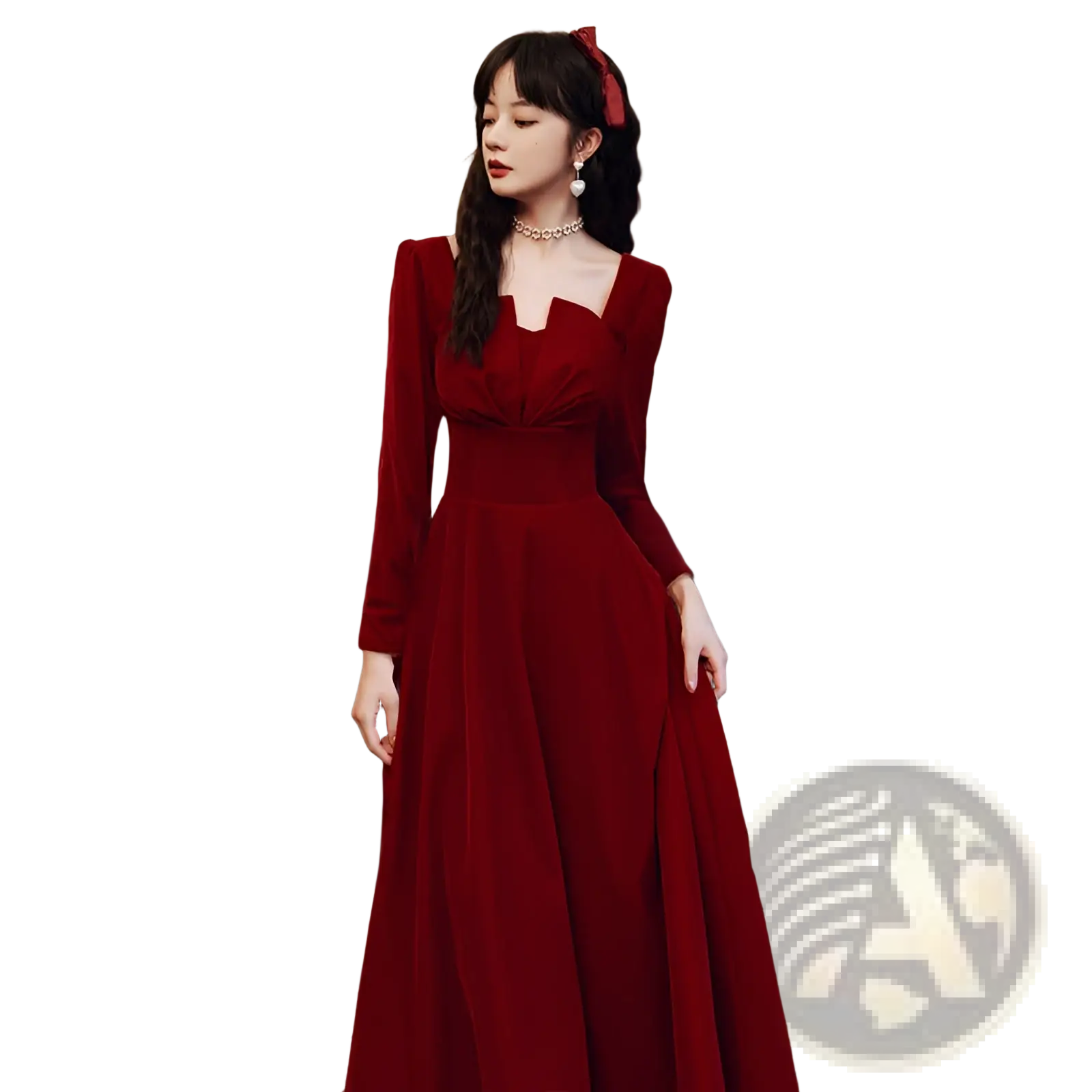 A rich crimson velvet long sleeve a-line gown with a square neckline perfect for formal occasions