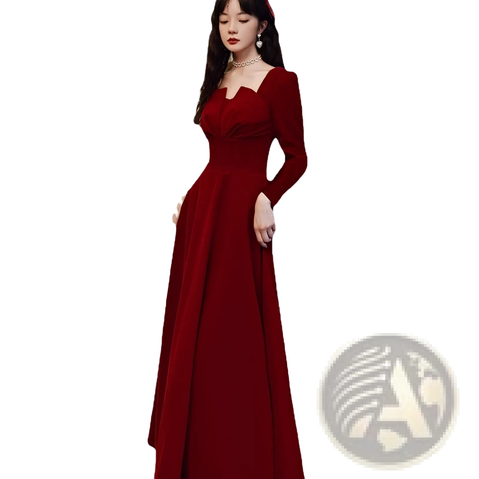 A rich burgundy velvet long sleeve a-line gown with floor-length design and square neckline