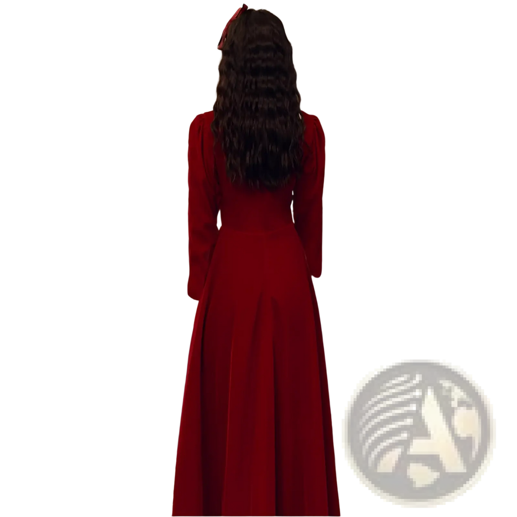 Burgundy velvet long sleeve a-line gown with a high neckline full skirt subtle sheen and elegant drape