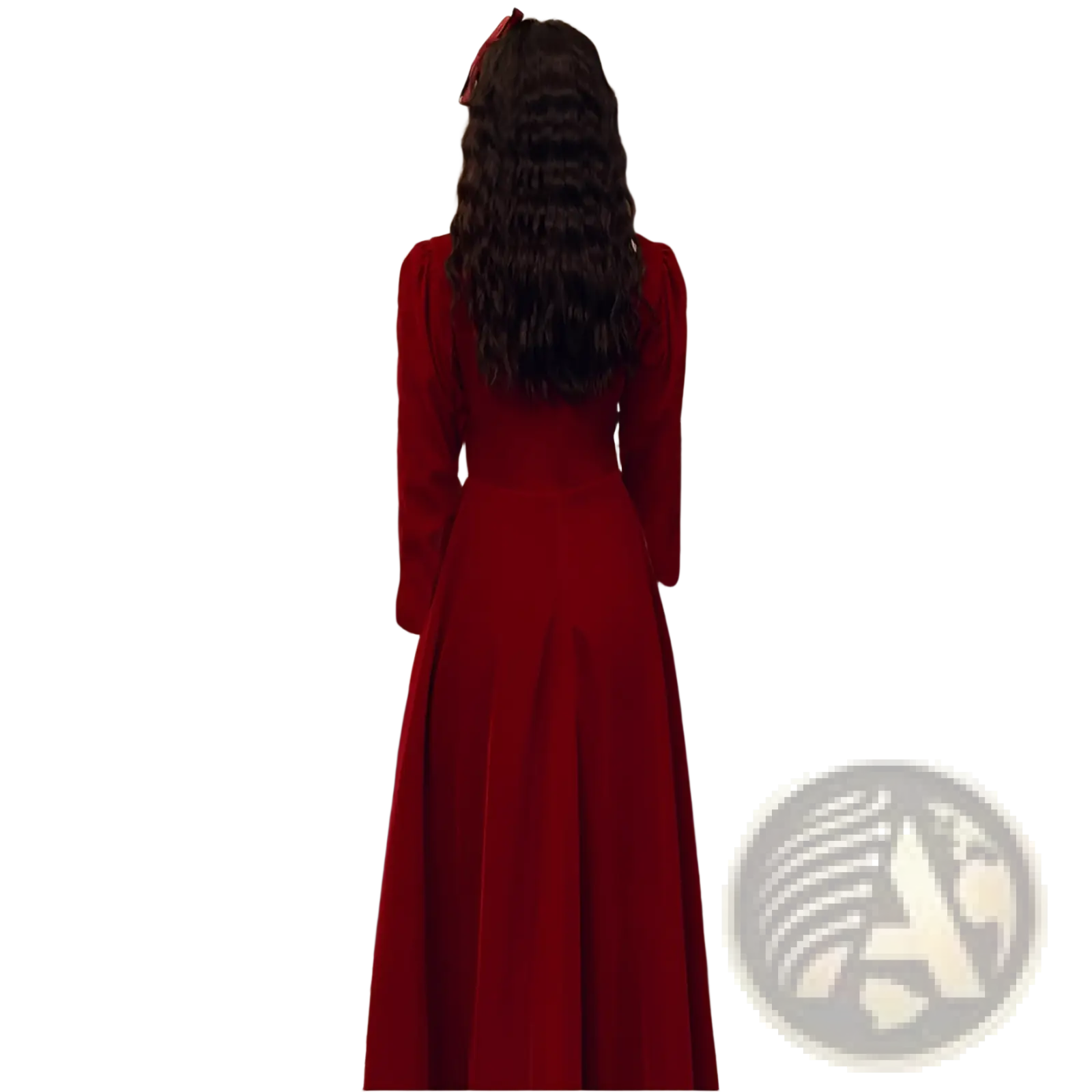 Burgundy velvet long sleeve a-line gown with a high neckline full skirt subtle sheen and elegant drape