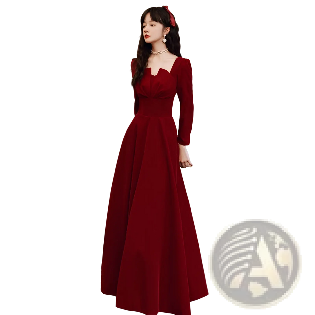A rich burgundy velvet long sleeve a-line gown with a square neckline suitable for formal occasions
