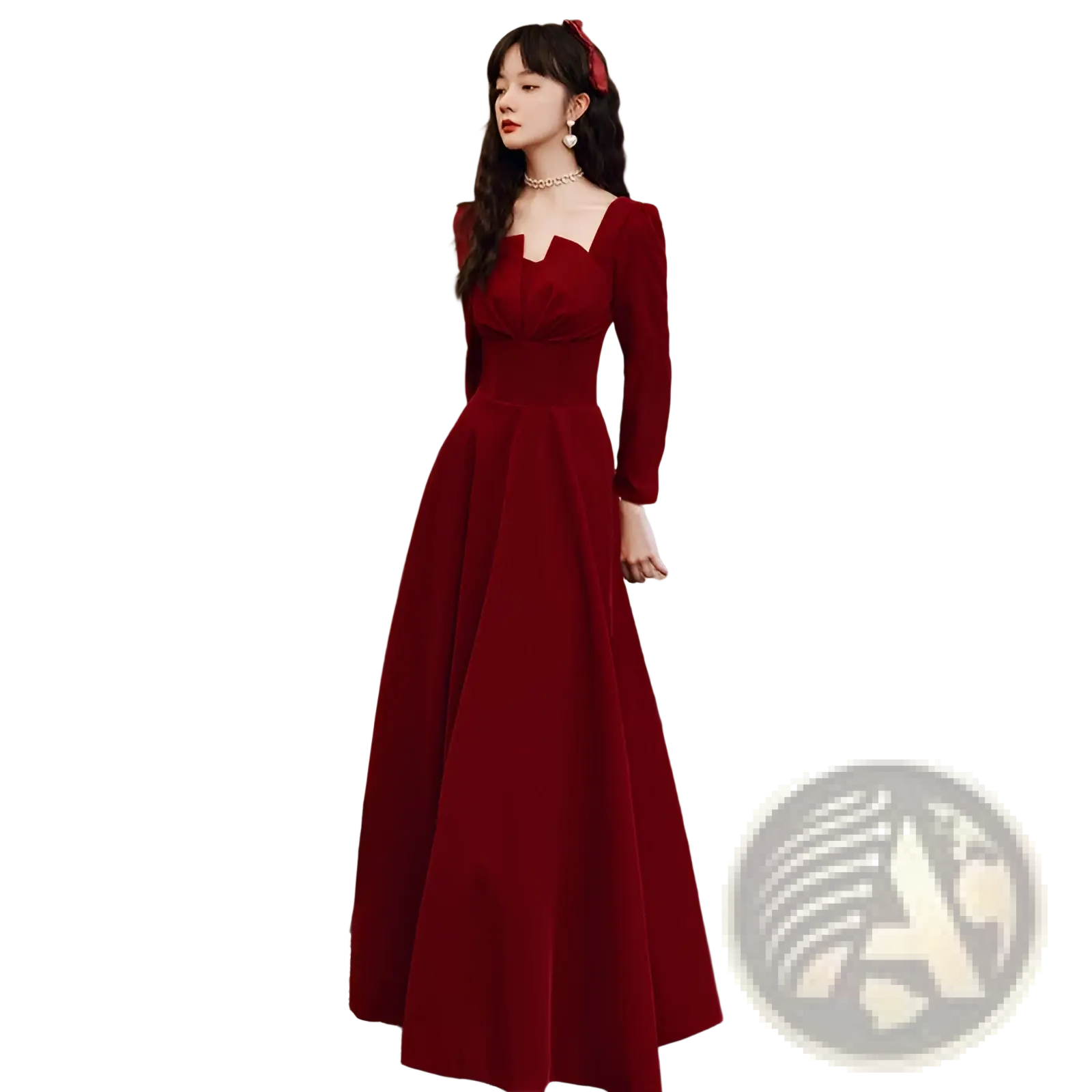 A rich burgundy velvet long sleeve a-line gown with a square neckline suitable for formal occasions