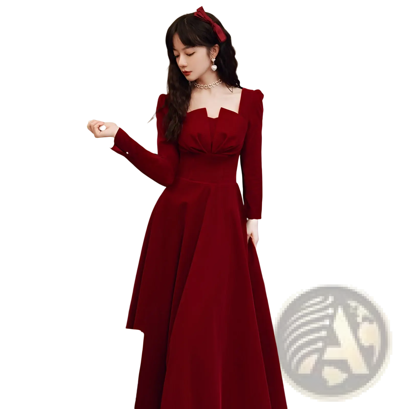 Burgundy velvet long sleeve a-line gown with square neckline and fitted bodice flaring into an a-line skirt
