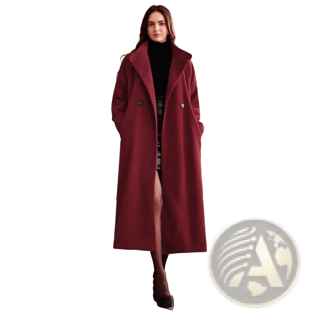 Burgundy wool belted double breasted coat with a classic wide collar and rich wool fabric for elegant outerwear