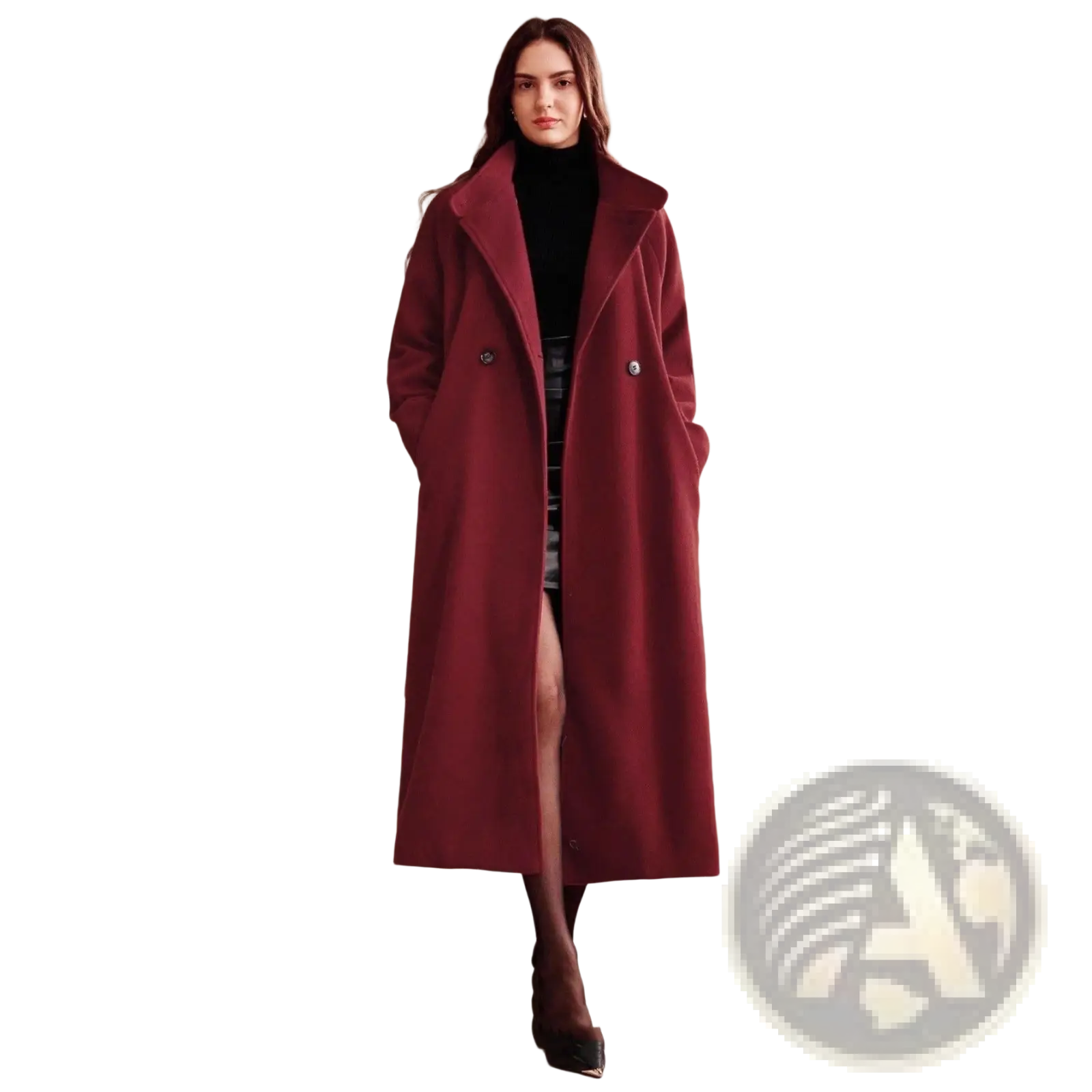 Burgundy wool belted double breasted coat with a classic wide collar and rich wool fabric for elegant outerwear