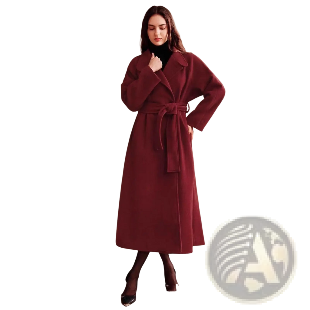 Burgundy wool belted double breasted coat with a classic collar showcasing rich fabric and tailored silhouette