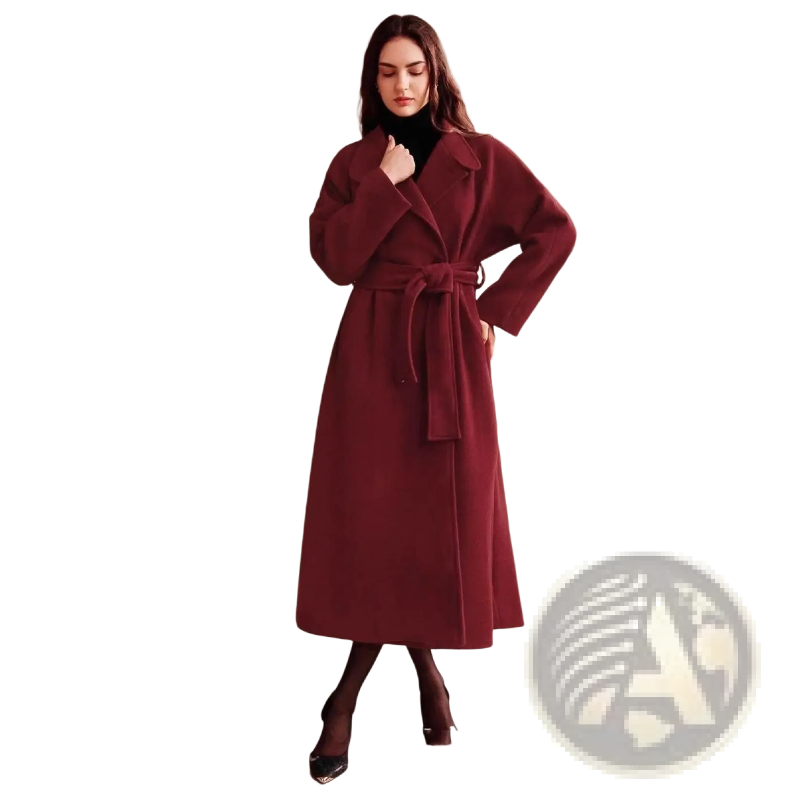 Burgundy wool belted double breasted coat with a classic collar showcasing rich fabric and tailored silhouette