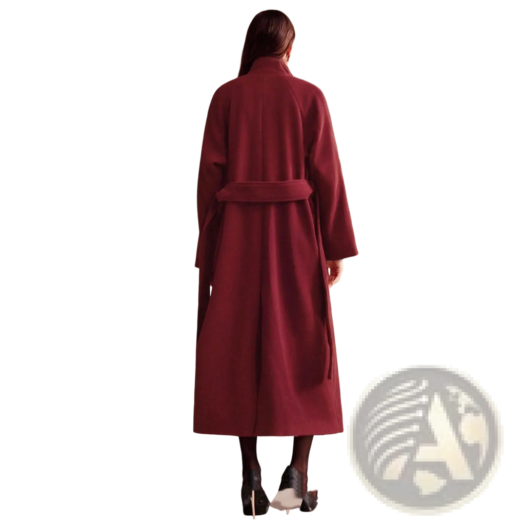 Burgundy wool belted double breasted coat with long sleeves and a fitted waist for stylish outerwear