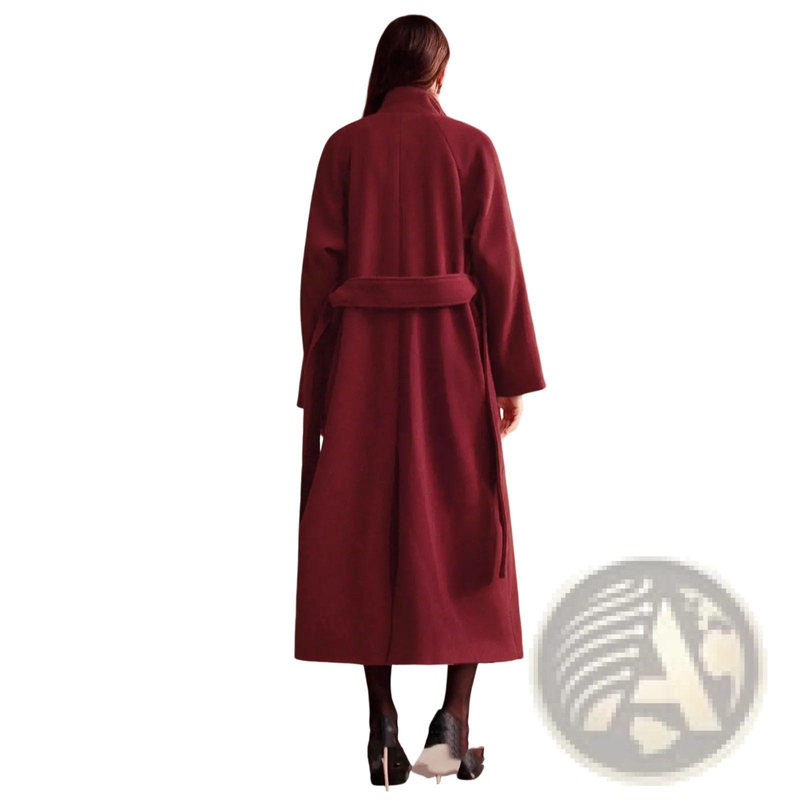 Burgundy wool belted double breasted coat with long sleeves and a fitted waist for stylish outerwear