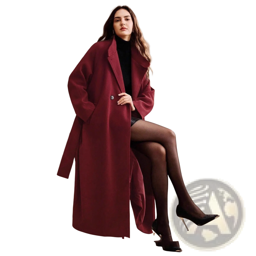 Burgundy wool belted double breasted coat with silver buttons showcasing a rich classic design