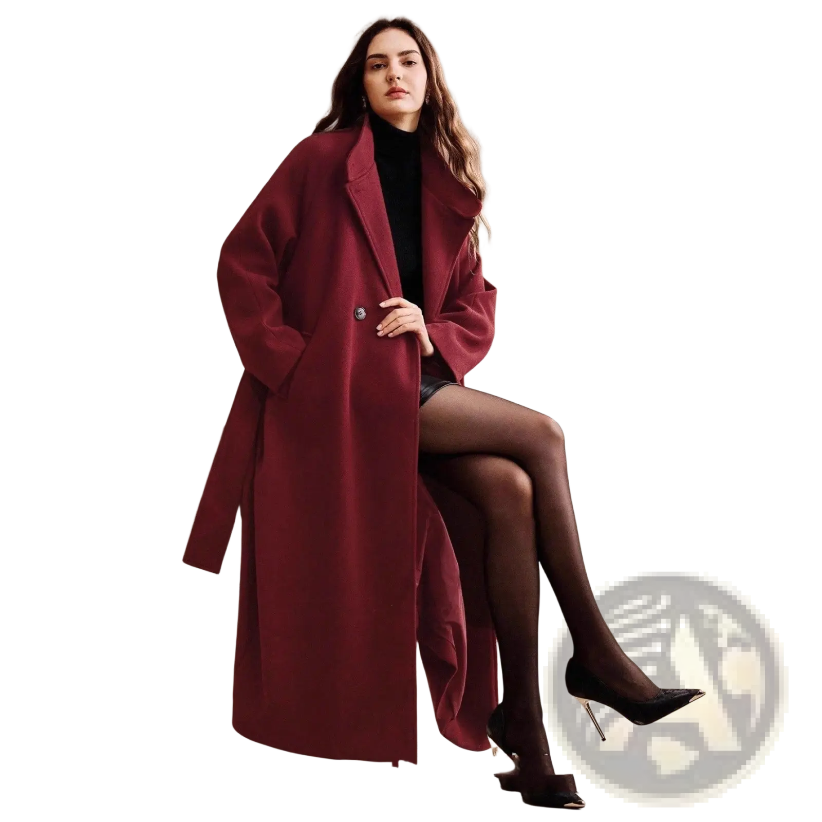 Burgundy wool belted double breasted coat with silver buttons showcasing a rich classic design