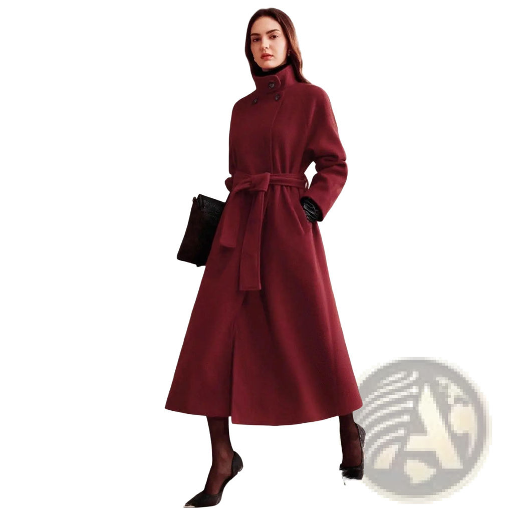 A rich burgundy wool belted double breasted coat with a high collar and flared skirt for stylish warmth
