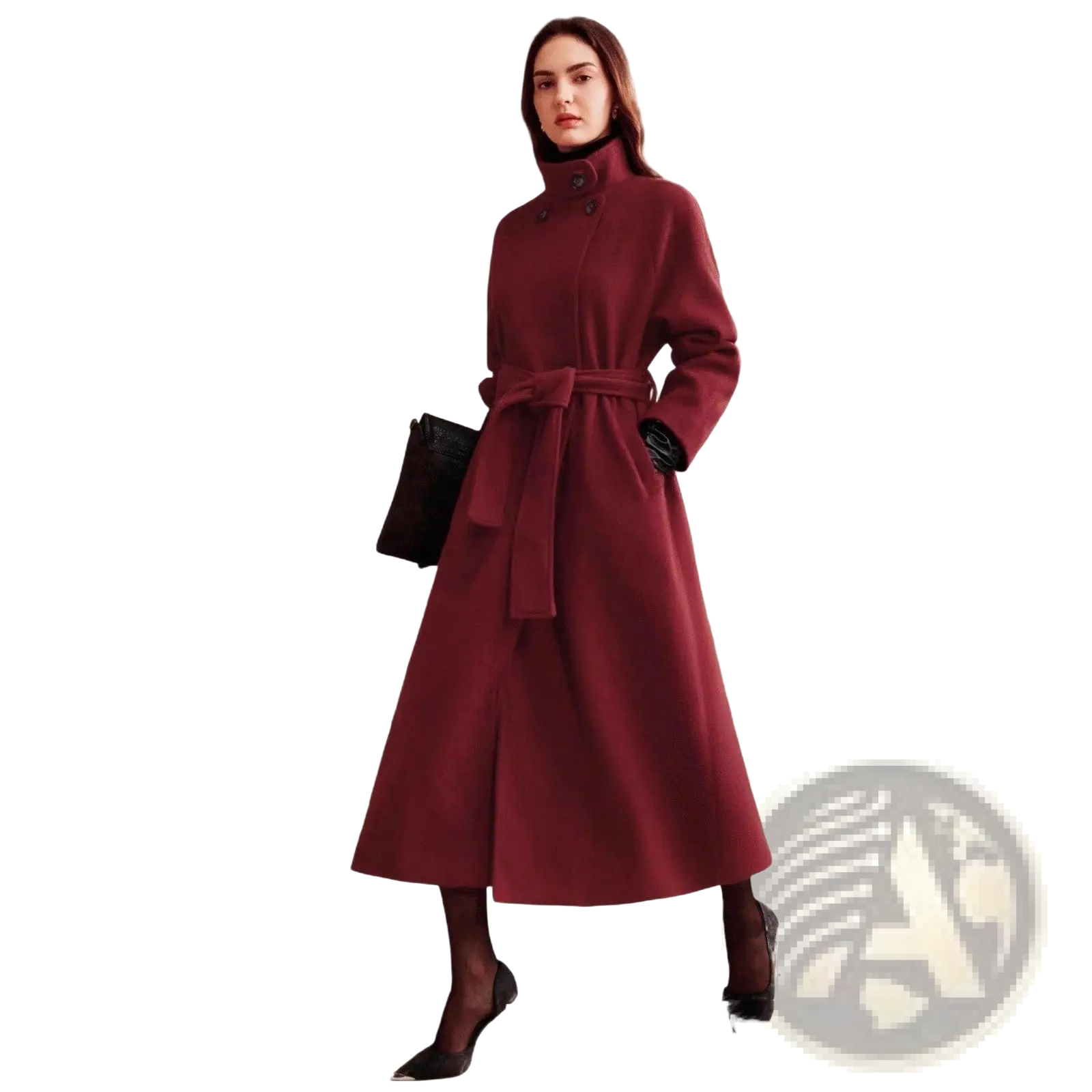 A rich burgundy wool belted double breasted coat with a high collar and flared skirt for stylish warmth
