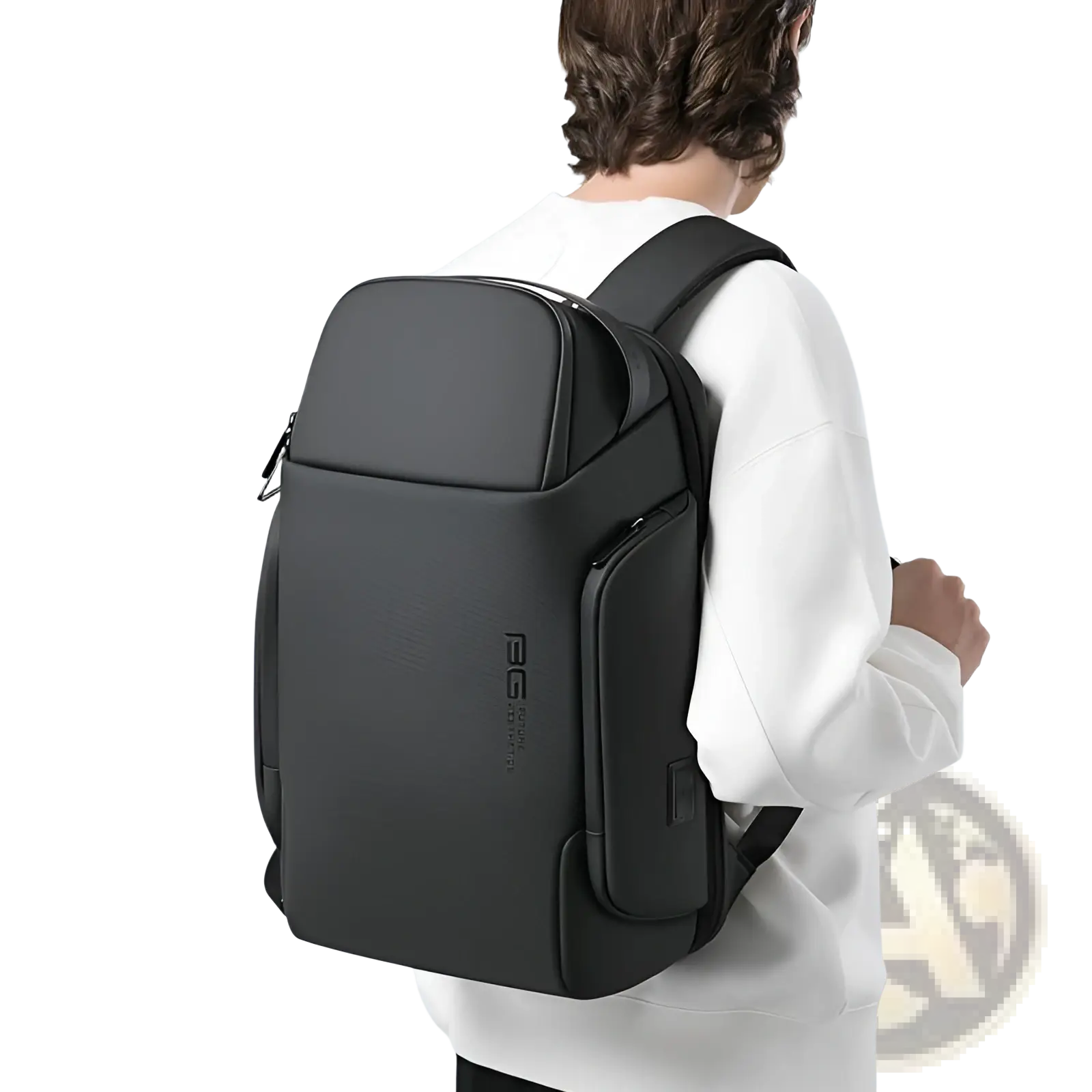 Black ergonomic business backpack with sleek matte finish and subtle logo designed for 15.6 inch laptops waterproof material