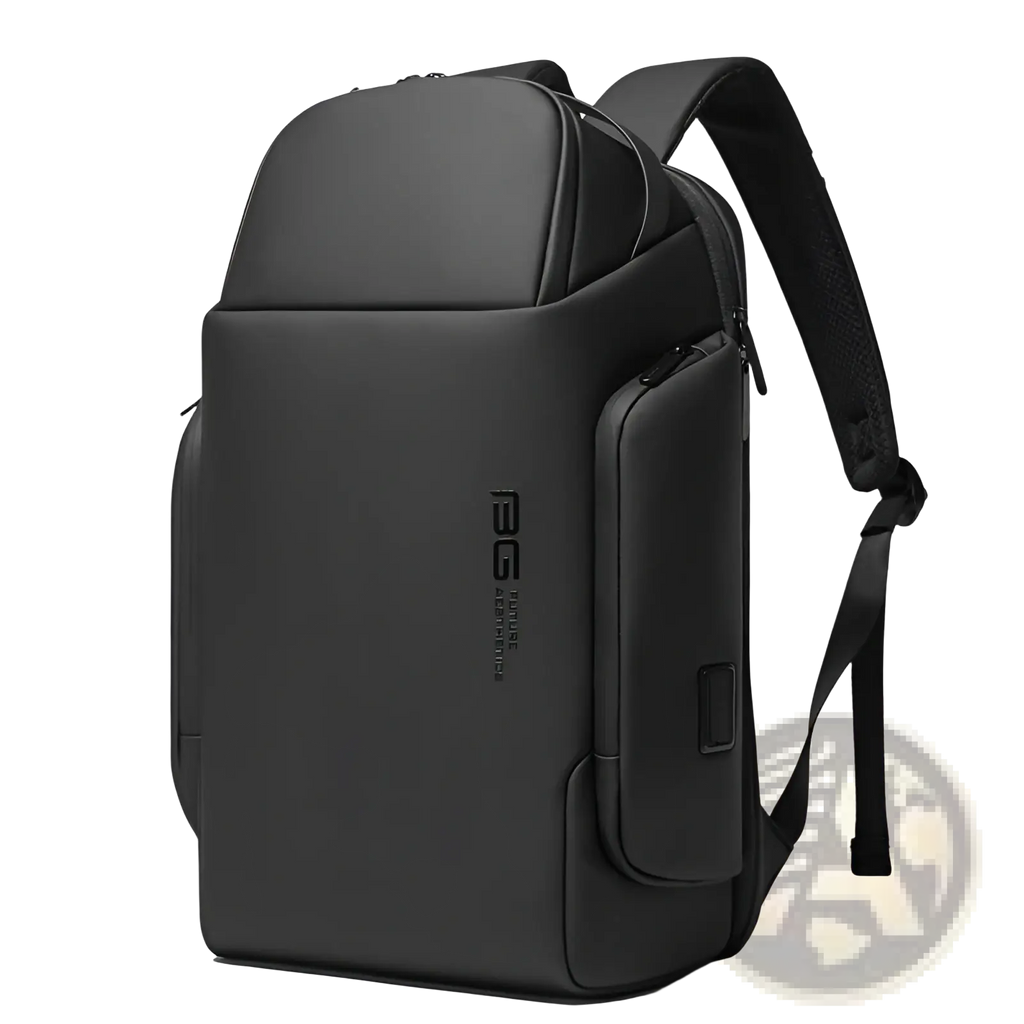 Black sleek business backpack 15.6 inch waterproof laptop bag with multiple zippered compartments and subtle logo