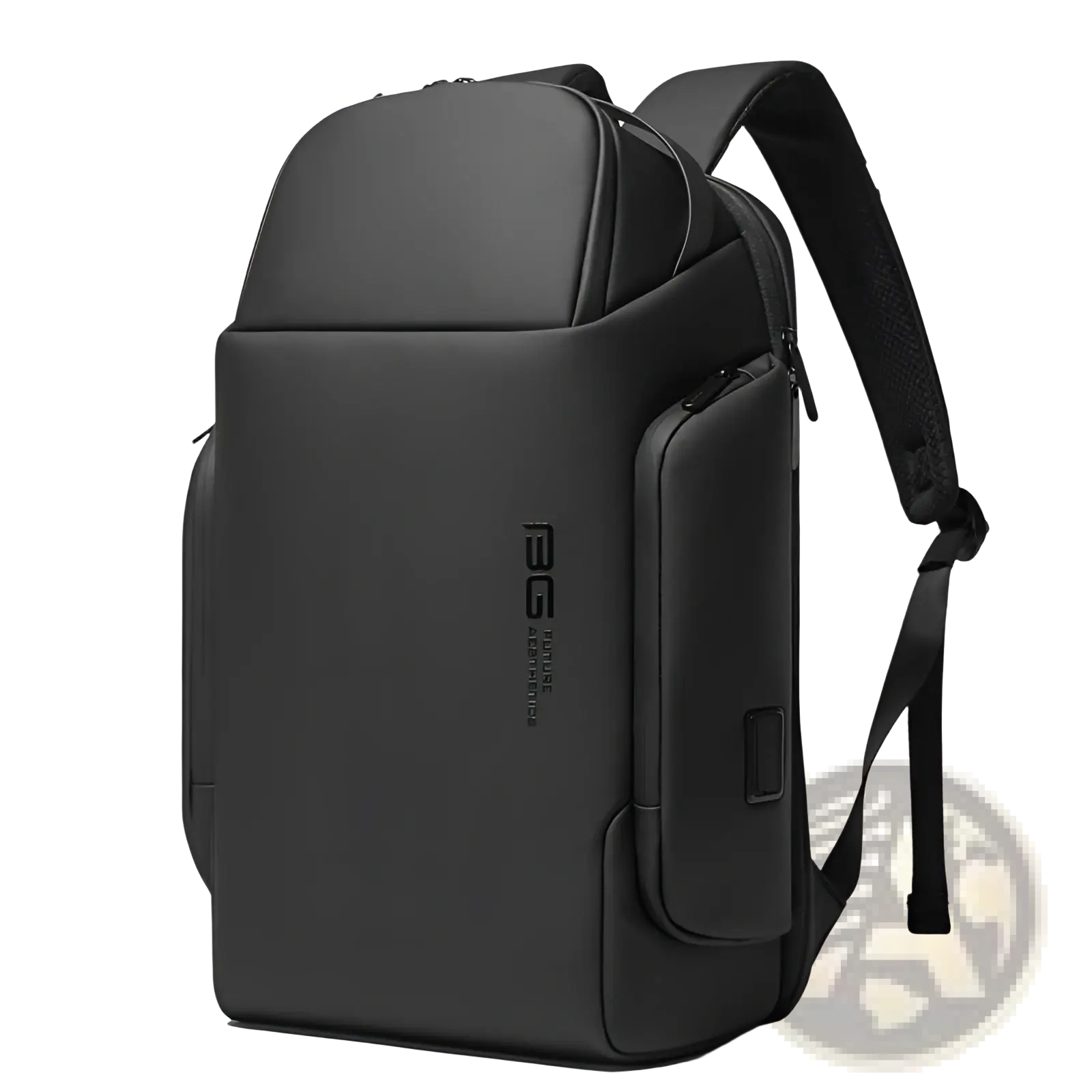 Black sleek business backpack 15.6 inch waterproof laptop bag with multiple zippered compartments and subtle logo