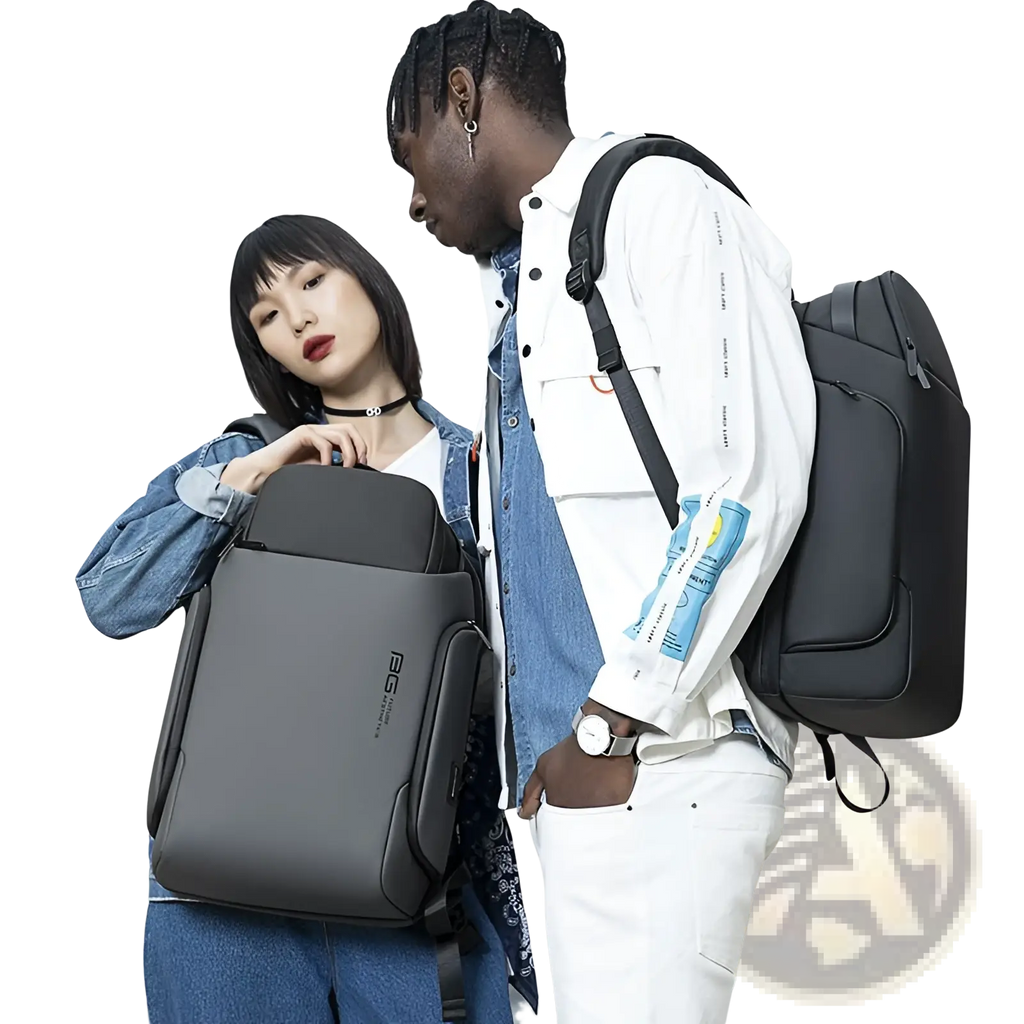 Black 15.6 inch waterproof business backpack with sleek modern design and subtle branding on the side