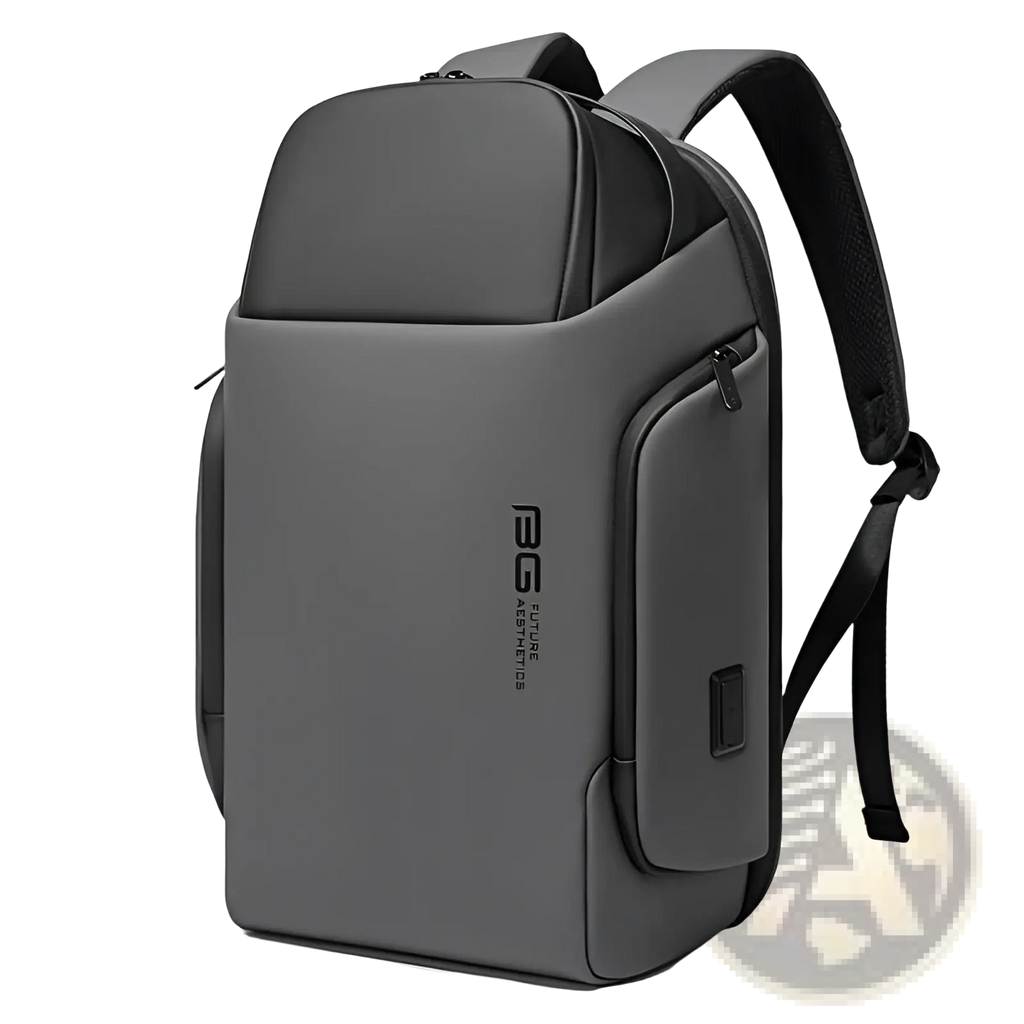 Dark gray waterproof business backpack with black straps and multiple zippered compartments for 15.6 inch laptop
