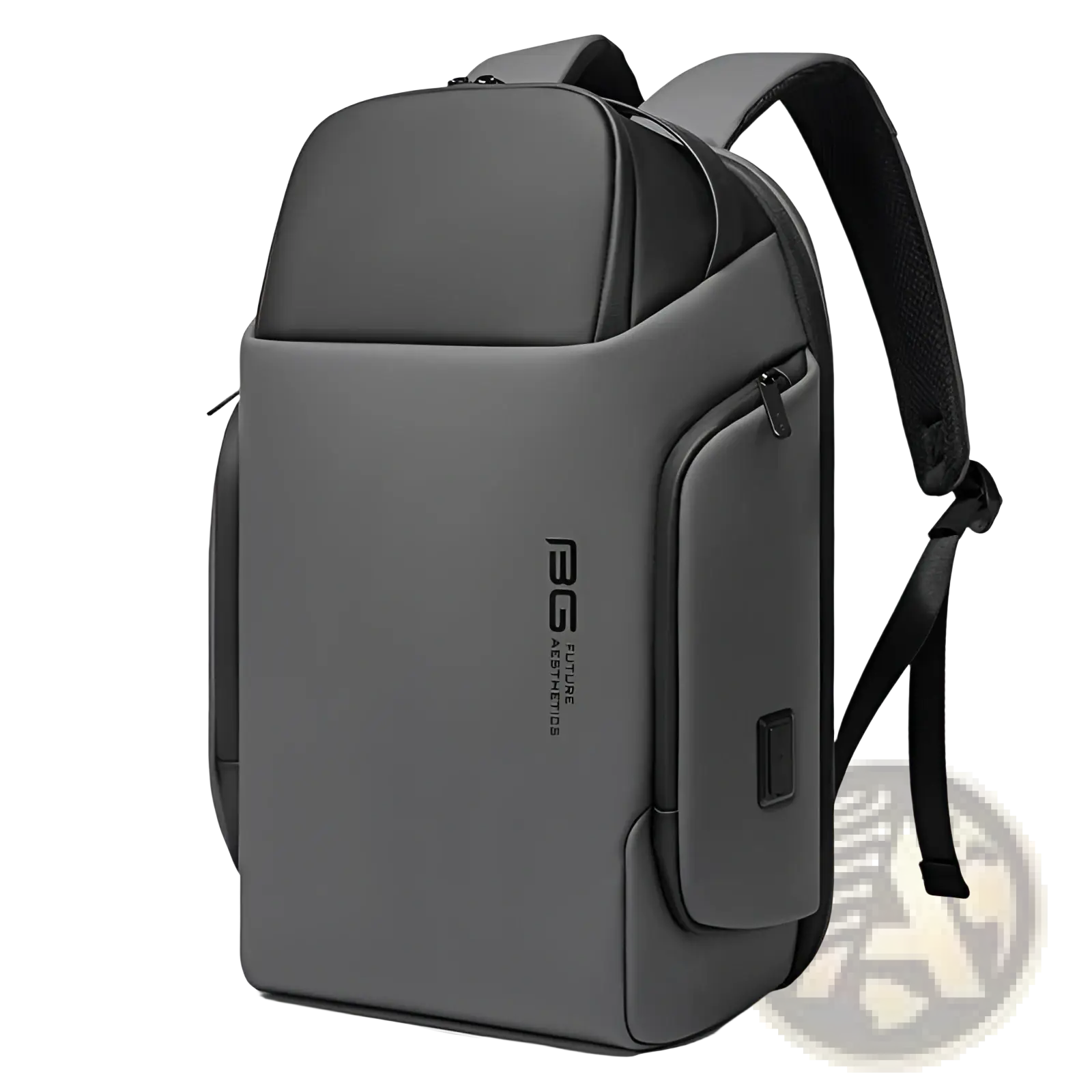 Dark gray waterproof business backpack with black straps and multiple zippered compartments for 15.6 inch laptop