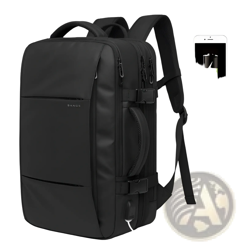 Black bange business backpack waterproof large capacity laptop bag with multiple compartments and built-in usb charging port