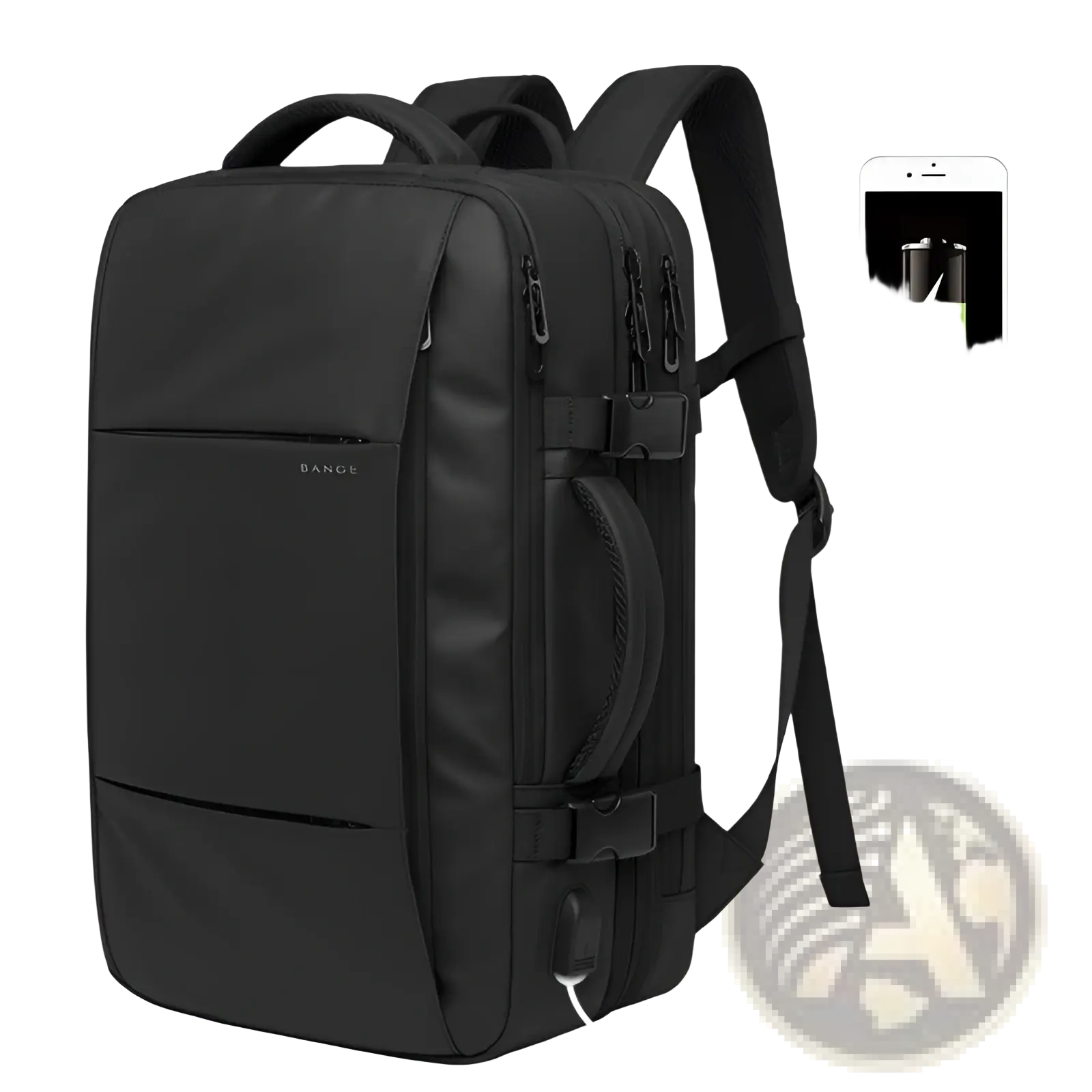 Black bange business backpack waterproof large capacity laptop bag with multiple compartments and built-in usb charging port