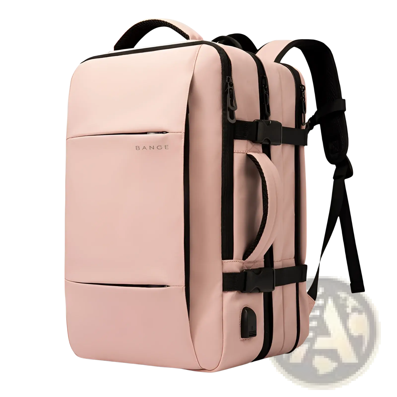 A sleek blush pink waterproof large capacity laptop backpack with black zippers and straps for business use