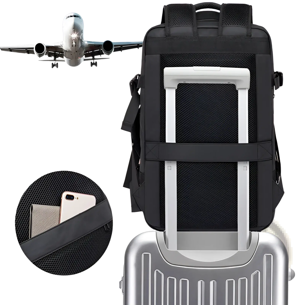 Black mesh business backpack with white handle and adjustable straps designed for travel use with large capacity laptop bag
