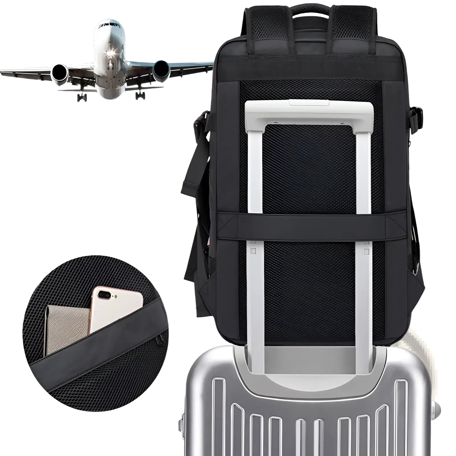 Black mesh business backpack with white handle and adjustable straps designed for travel use with large capacity laptop bag