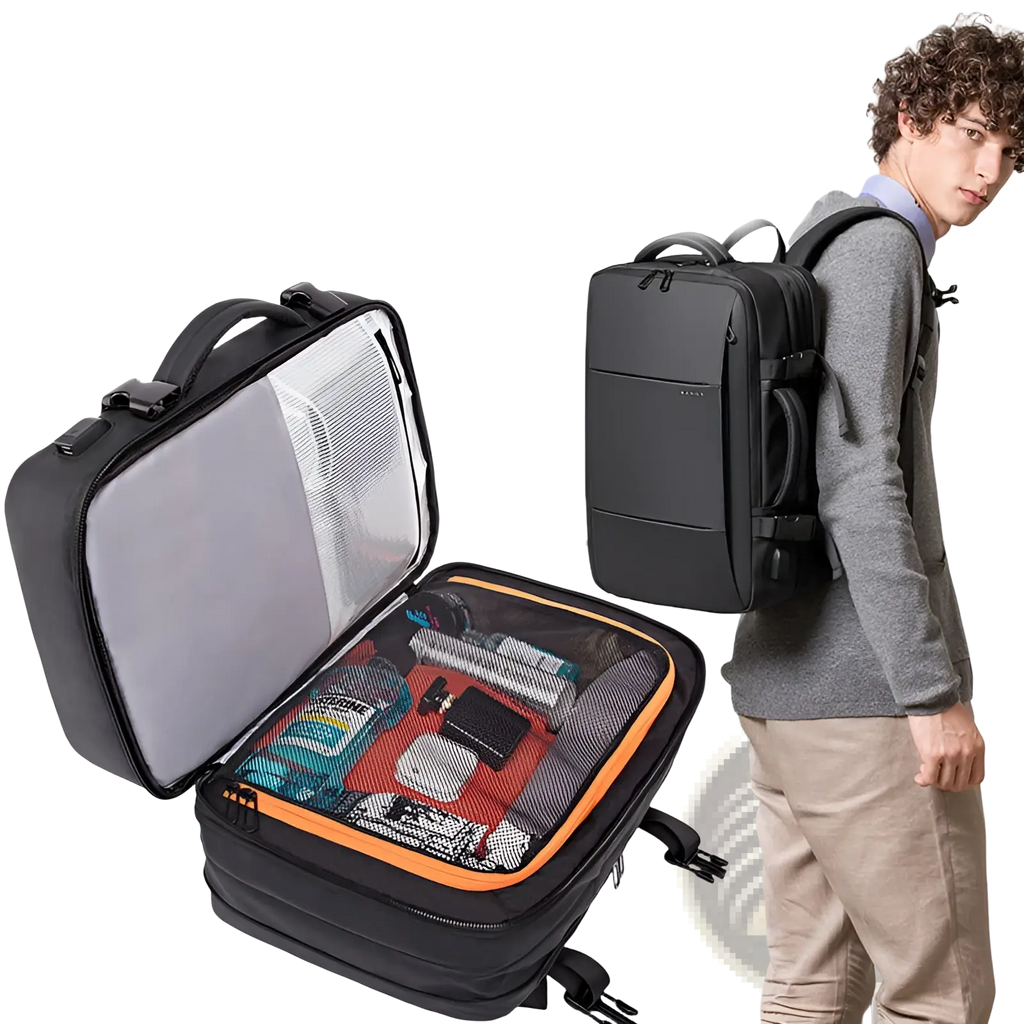 Black waterproof business backpack with large capacity, orange zipper accents, and mesh interior compartments for laptops