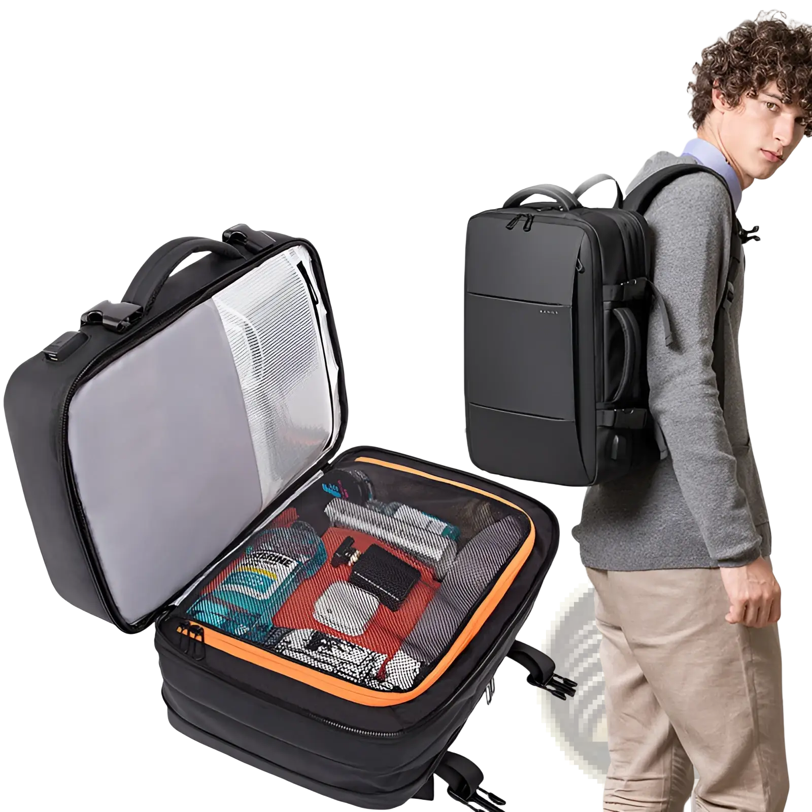 Black waterproof business backpack with large capacity, orange zipper accents, and mesh interior compartments for laptops