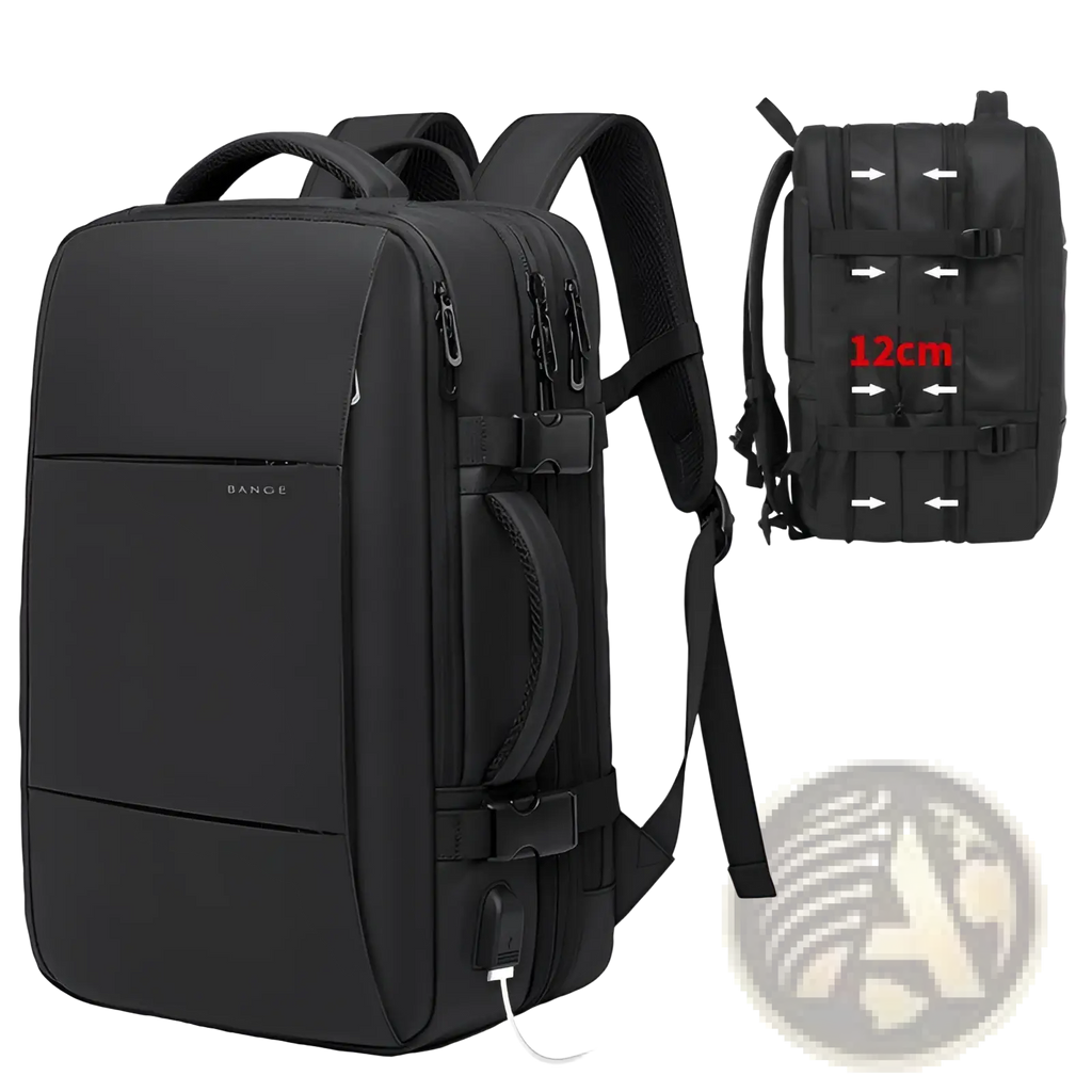 Black bange waterproof business backpack with large capacity, multiple zippers, adjustable straps, and usb charging port