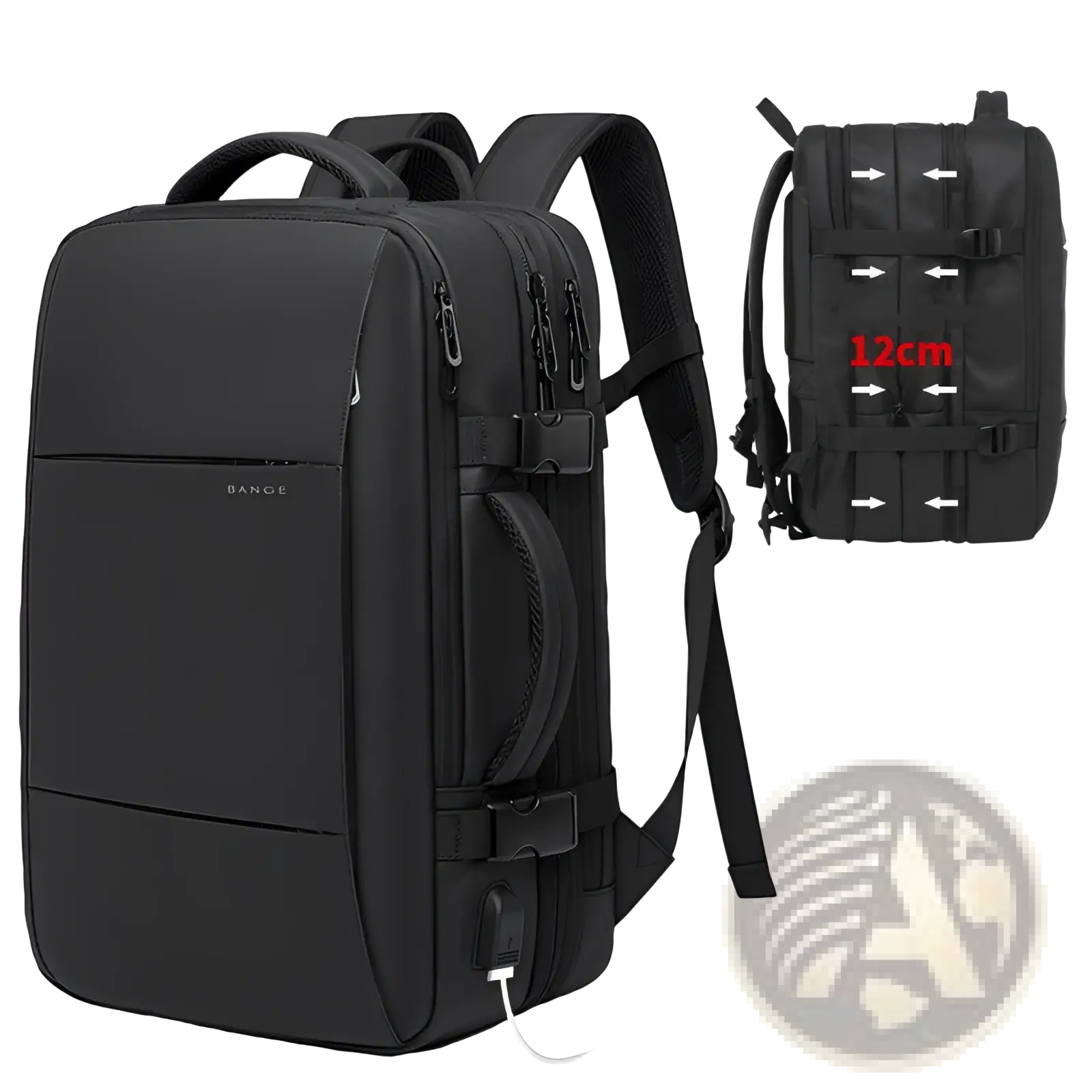 Black bange waterproof business backpack with large capacity, multiple zippers, adjustable straps, and usb charging port