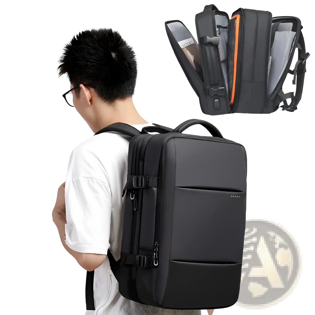 Black ranco business backpack waterproof large capacity laptop bag with sleek structured design and orange interior lining