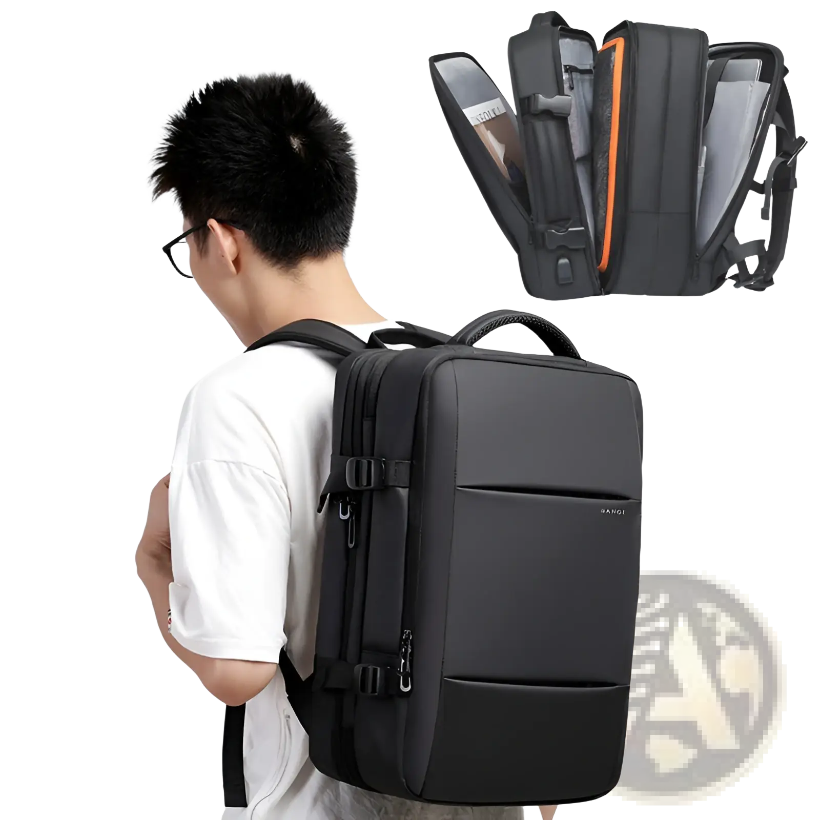 Black ranco business backpack waterproof large capacity laptop bag with sleek structured design and orange interior lining