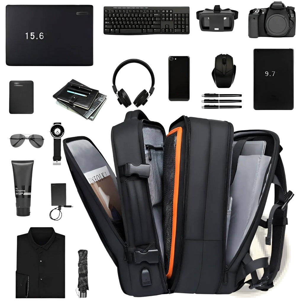 Black waterproof business backpack with orange zipper accents and multiple compartments for large capacity laptop storage