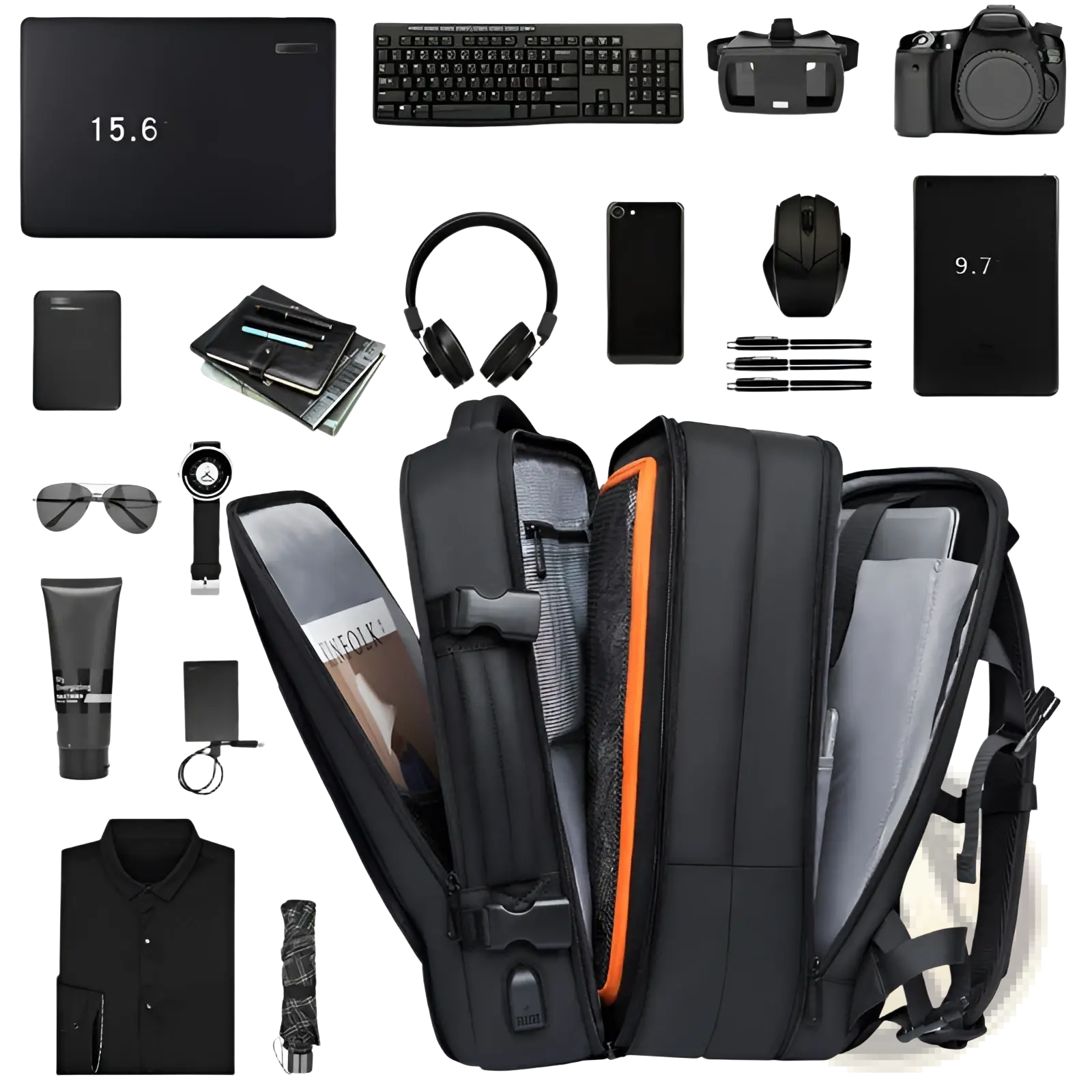 Black waterproof business backpack with orange zipper accents and multiple compartments for large capacity laptop storage