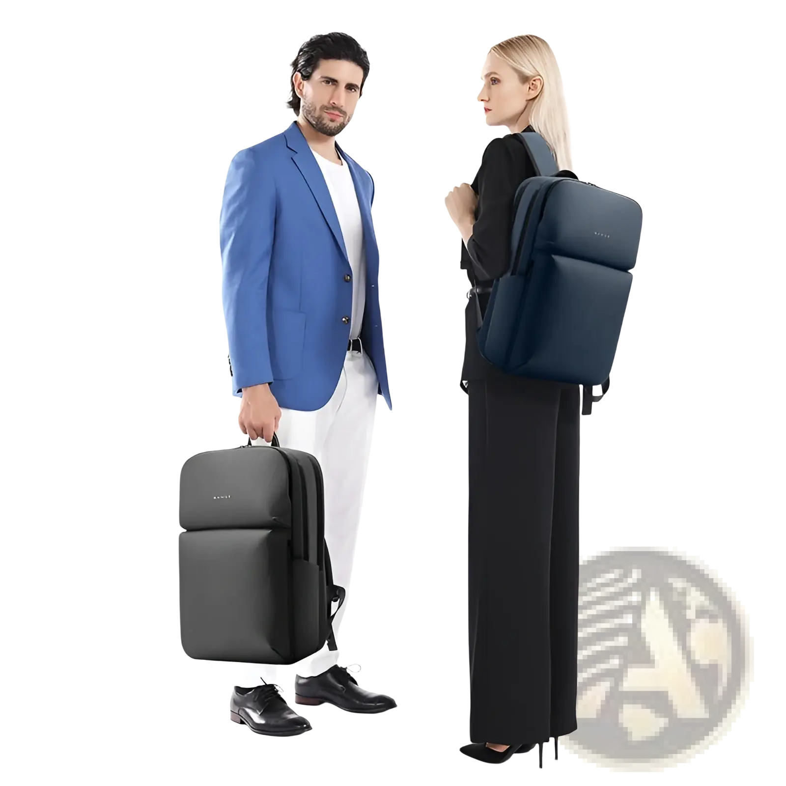 Black minimalist business commuter backpack with sleek structured design and subtle brand logo on front pocket