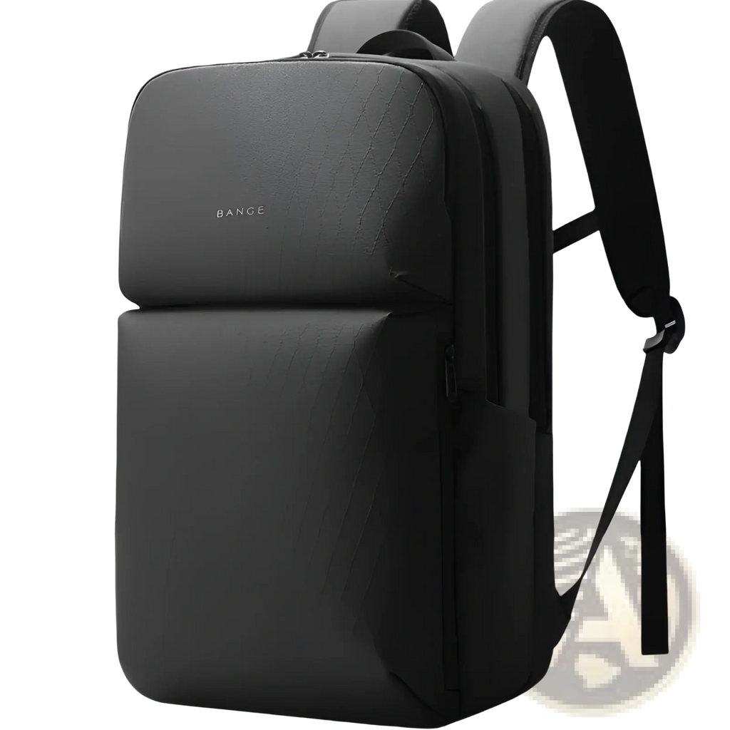 Black bange business commuter backpack with large capacity textured faux leather exterior and minimalist design