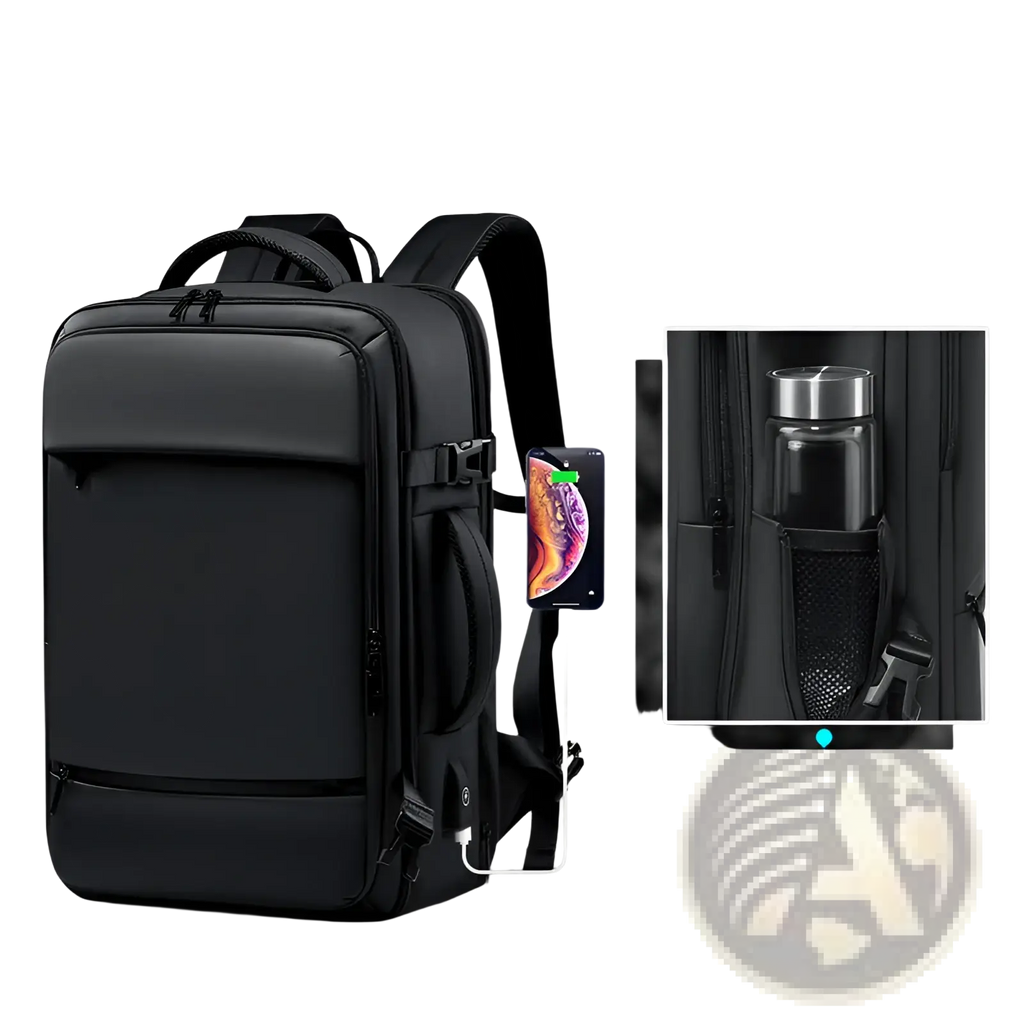 Black nylon business laptop backpack with padded shoulder straps and front zippered pocket for travel use