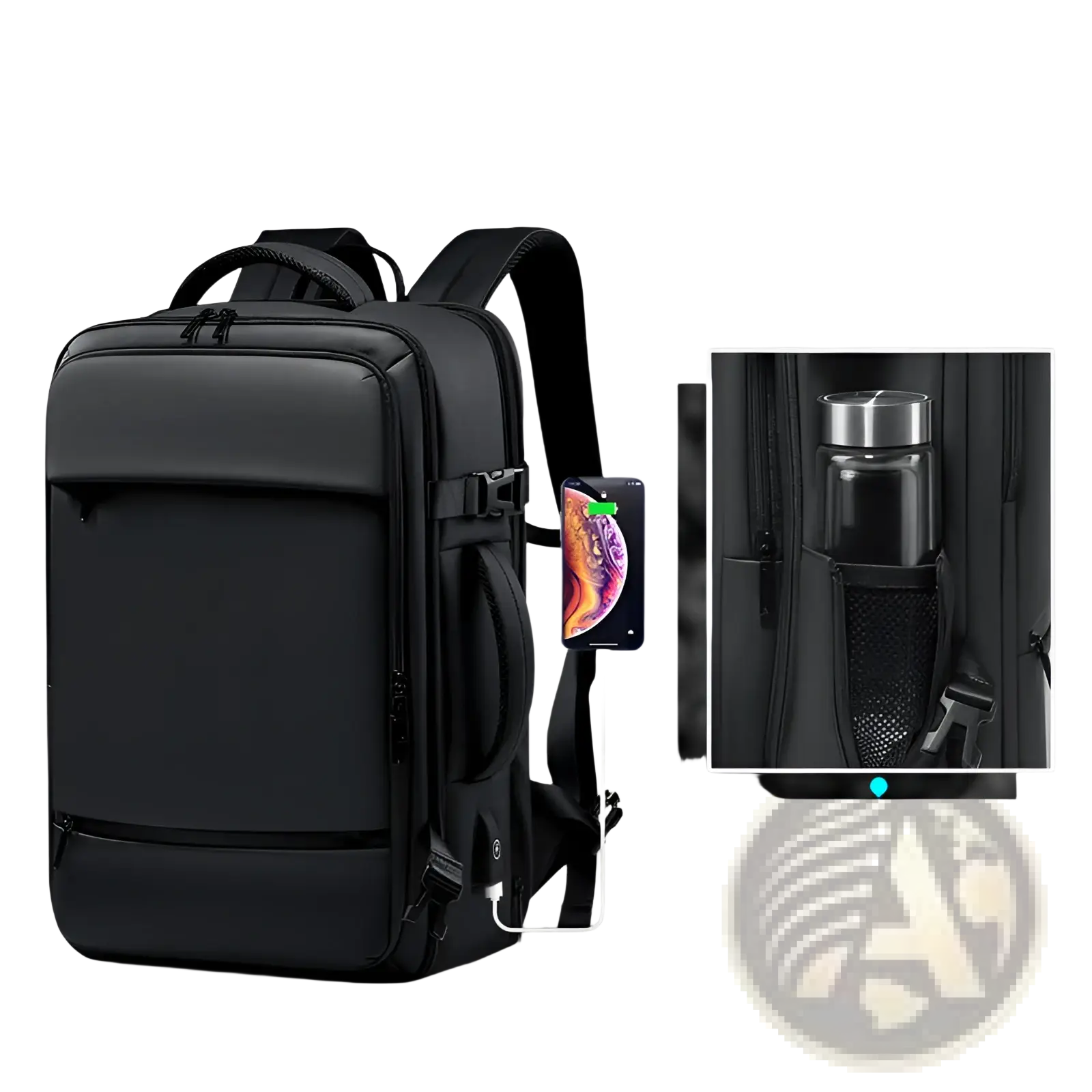 Black nylon business laptop backpack with padded shoulder straps and front zippered pocket for travel use
