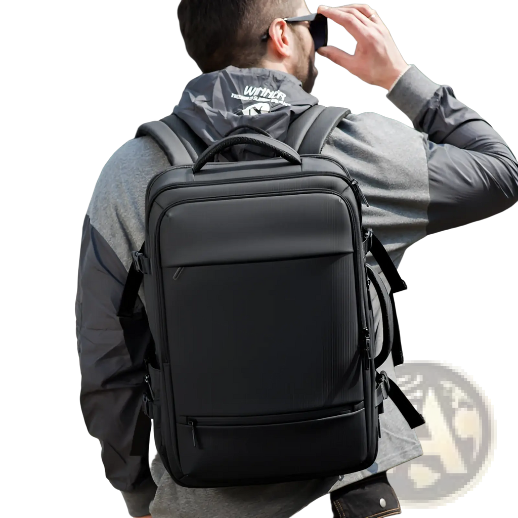 Black textured business laptop backpack with multiple zippered compartments and adjustable straps 20-35l waterproof travel bag
