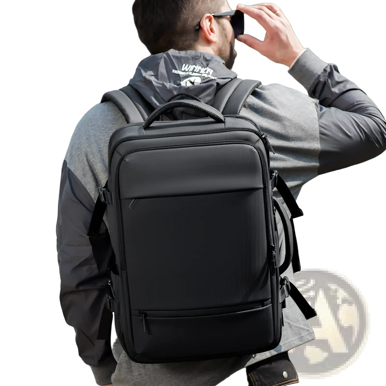 Black textured business laptop backpack with multiple zippered compartments and adjustable straps 20-35l waterproof travel bag
