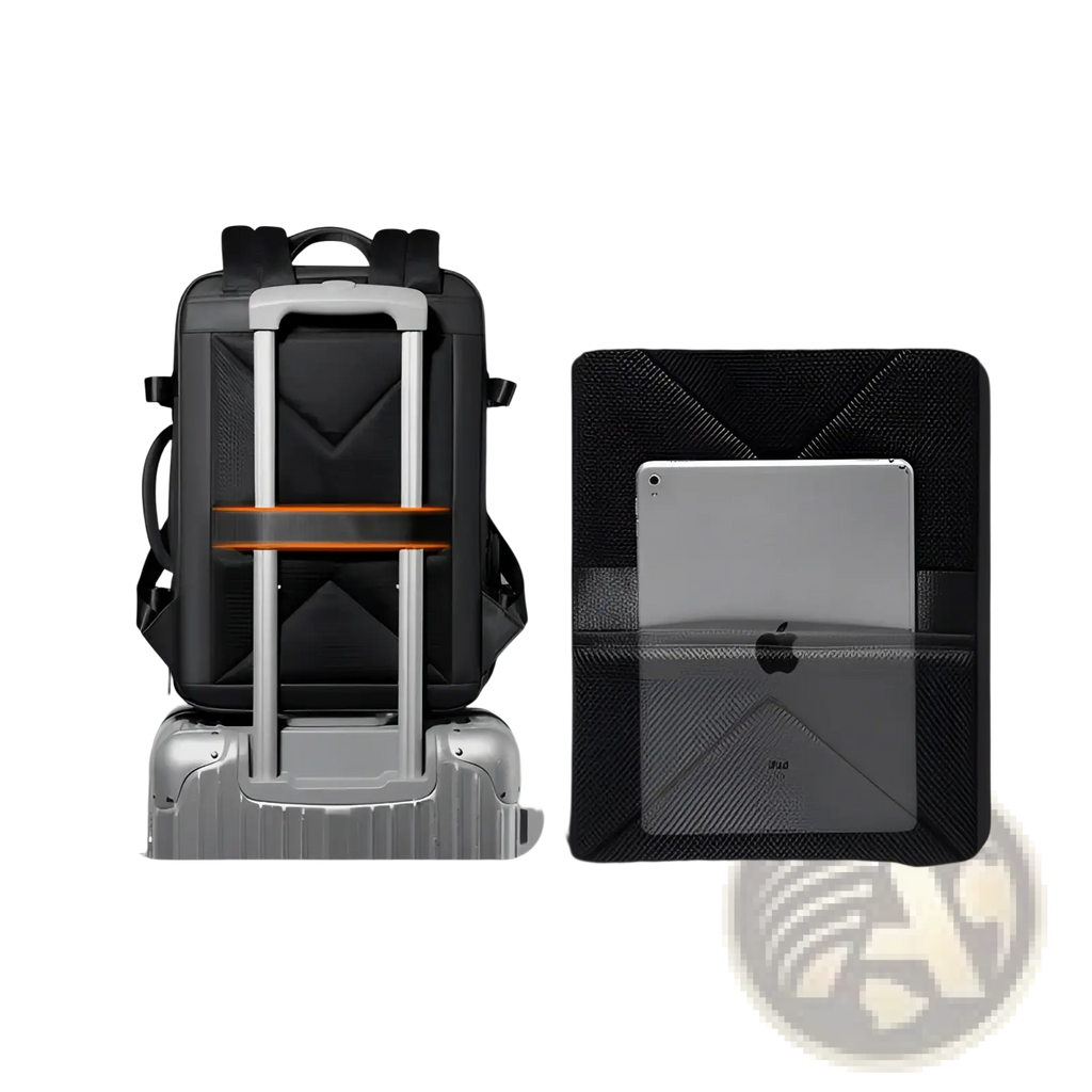 Black textured business laptop backpack with silver handle and orange accent stripe waterproof travel bag