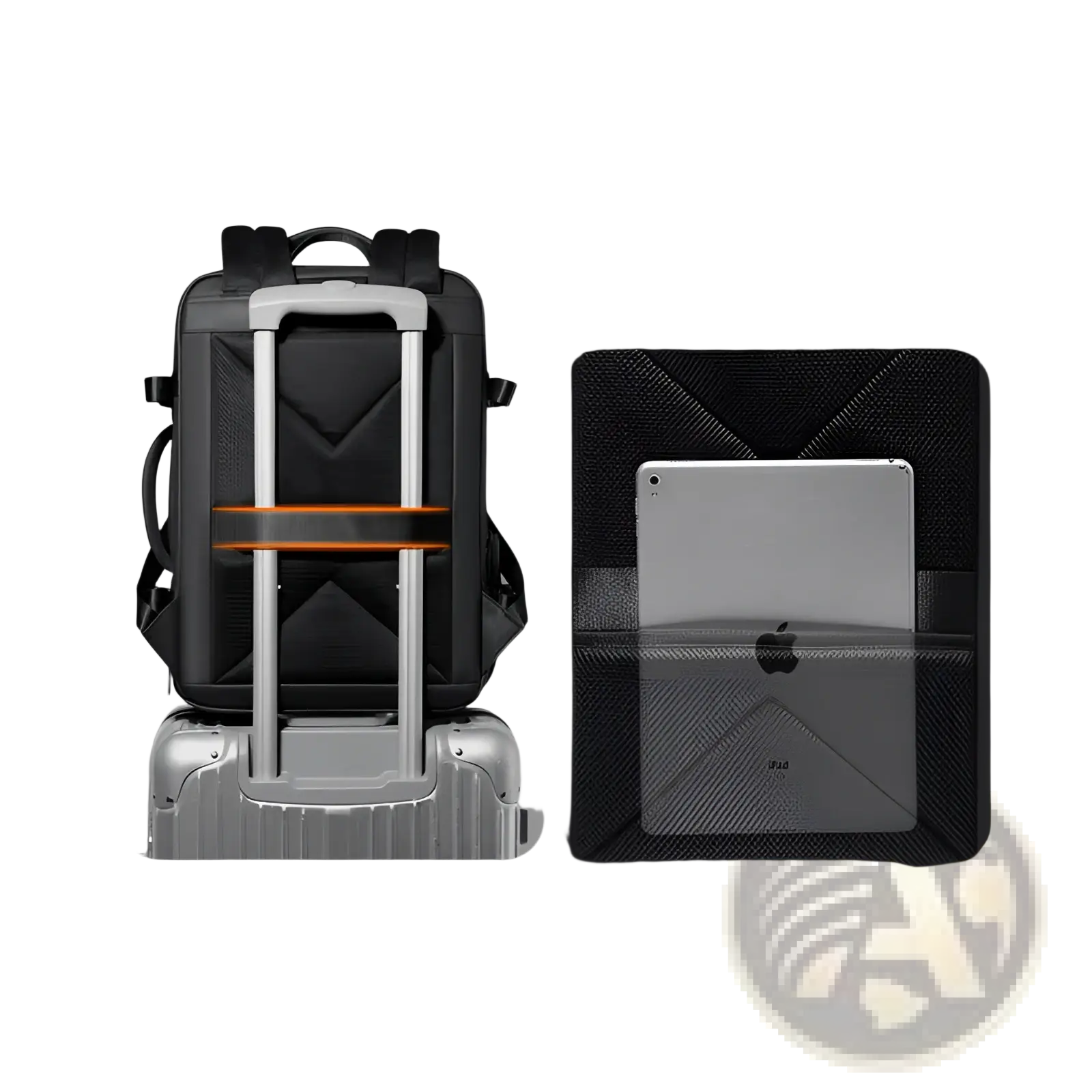 Black textured business laptop backpack with silver handle and orange accent stripe waterproof travel bag