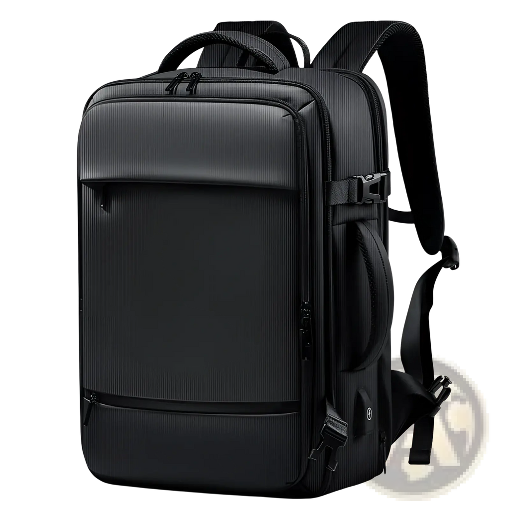 Black textured business laptop backpack with multiple zippered compartments and adjustable shoulder straps for travel