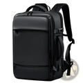 Black textured business laptop backpack with multiple zippered compartments and adjustable shoulder straps for travel