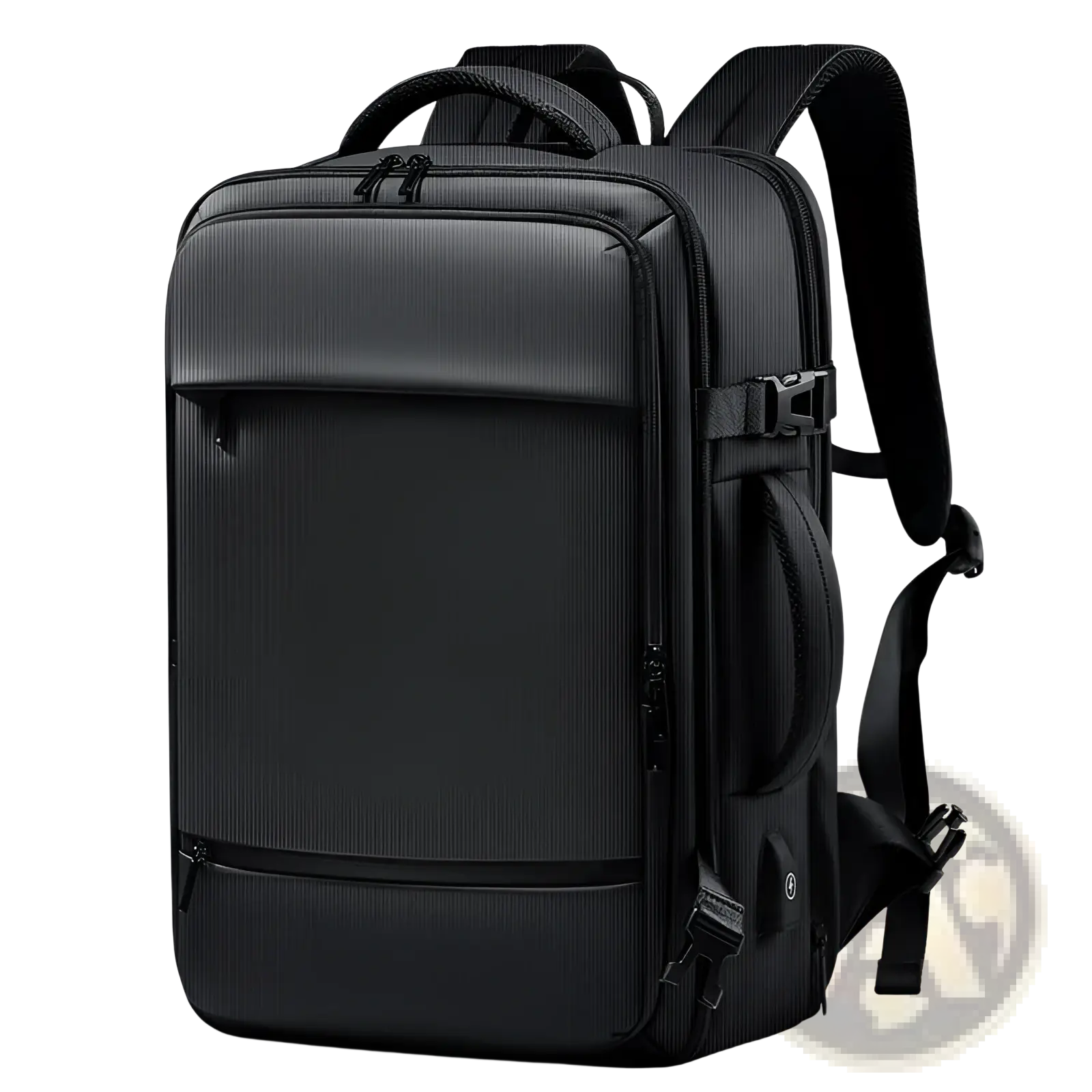 Black textured business laptop backpack with multiple zippered compartments and adjustable shoulder straps for travel