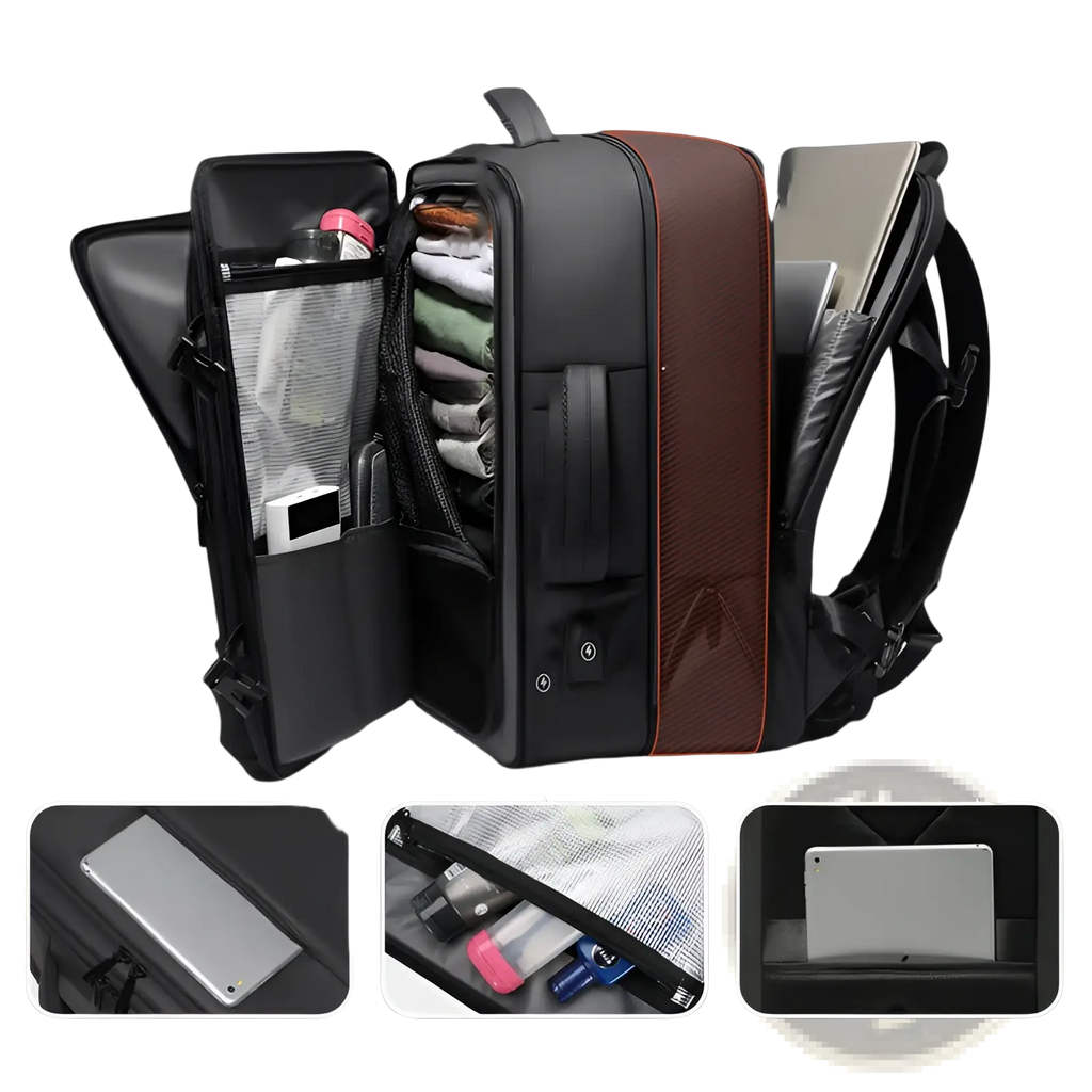 Business laptop backpack 20-35l in black and brown textured waterproof material with multiple compartments for organizing tech gear