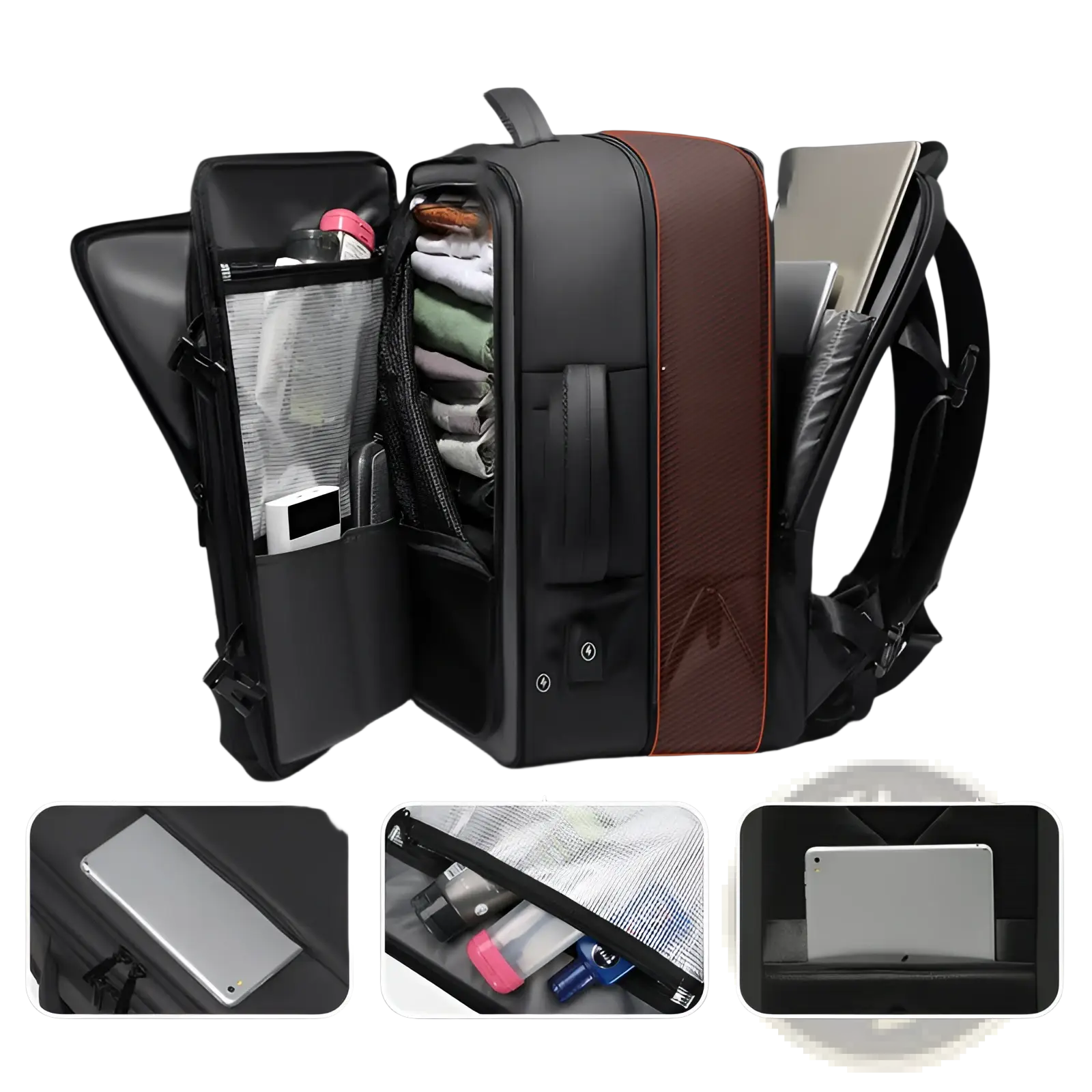 Business laptop backpack 20-35l in black and brown textured waterproof material with multiple compartments for organizing tech gear